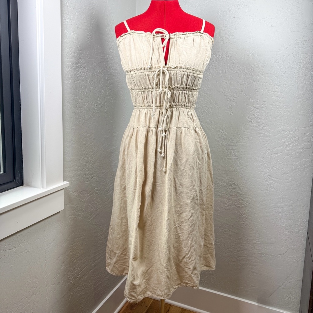 Sim & Sam Beige Smocked Tie Front Linen Blend Midi Dress Size XS